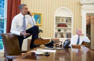 Hey! Get that foot off of your own desk! Who do you think you are, President of the...oh. Right."