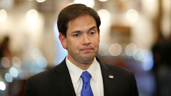 Republican presidential candidate Sen. Marco Rubio, R-Fla., speaks with the media after touring the World Famous Gold & Silver Pawn shop with owner Rick Harrison Thursday, May 28, 2015, in Las Vegas. The shop is featured in the television show Pawn Stars. (AP Photo/John Locher)