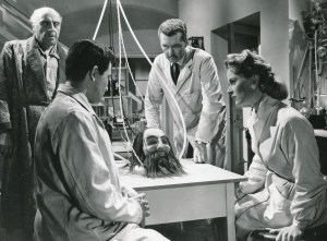 This is only tangentially related to the post, but it may be my only chance to proudly note that my great uncle. actor George Coulouris (that's him in the upper left) played a Greek tycoon with brain cancer who reanimates the head of Nostradamus so he can get a transplant. The film is called "The Man Without a Body," and consists of long scenes with Uncle George arguing with a rubber head.