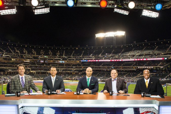 The ex players are (R to L), Hall of Famer Frank Thomas, banned Pete Rose, rapidly being forgotten Raul Ibanez, and the nearly universally detested Alex Rodriguez. 